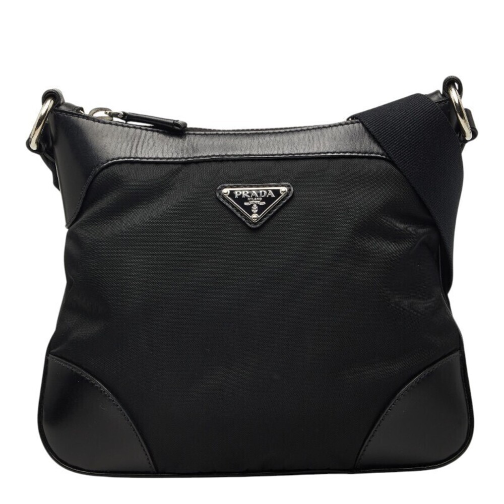 Prada Tessuto Triangle Plate Crossbody Bag Black Leather